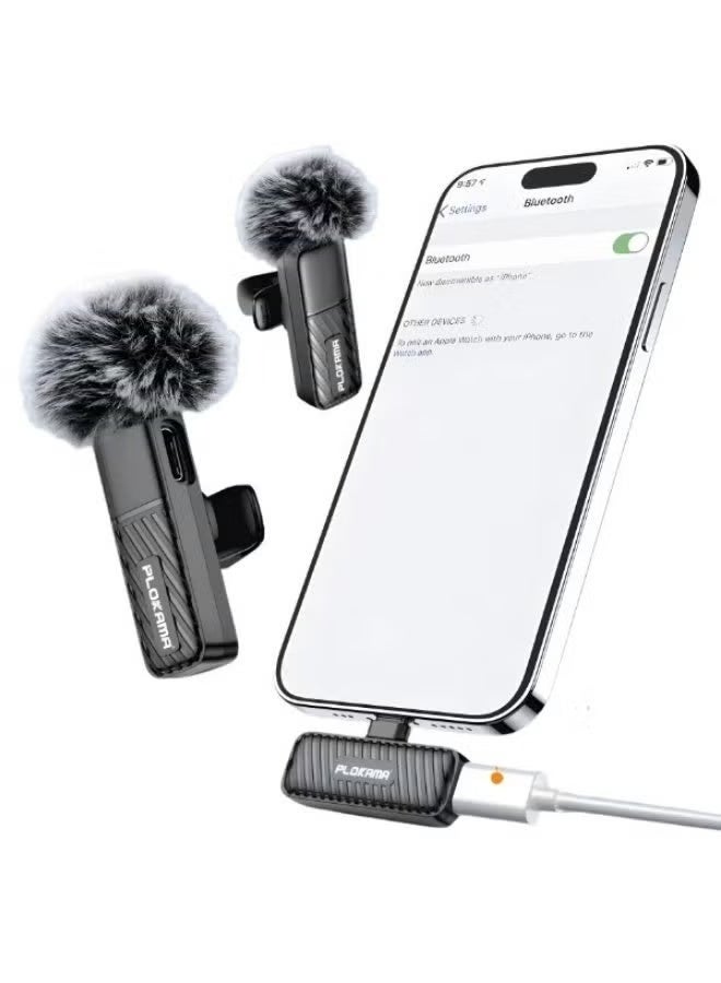 Plokama -  Microphone - Wireless Lavalier - Clip-On - Plug-and-Play - 2 Transmitters Type-C +1 Receiver Type-C + Converter Lightning  - For Broadcasting - VM20 - Black - Image 4